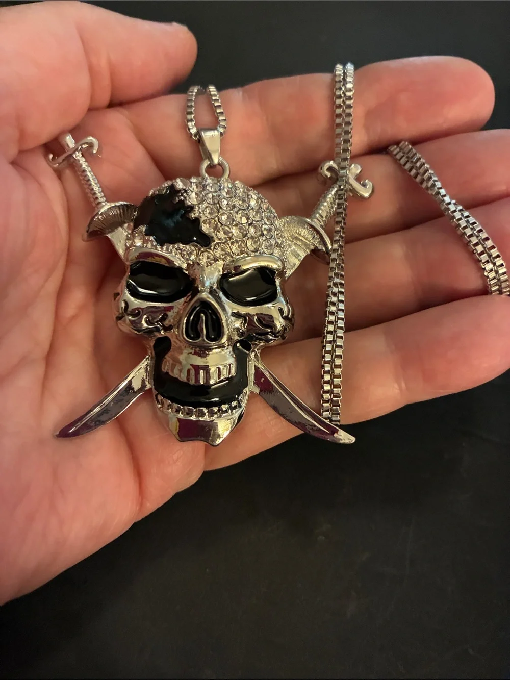 Silver Skull & Crossed Swords Pendant Necklace - Black Accents